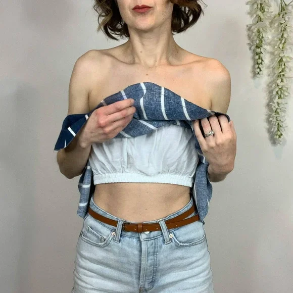NWT FAITHFULL Suns Out Top linen strapless frayed cropped navy white striped - Picture 13 of 15